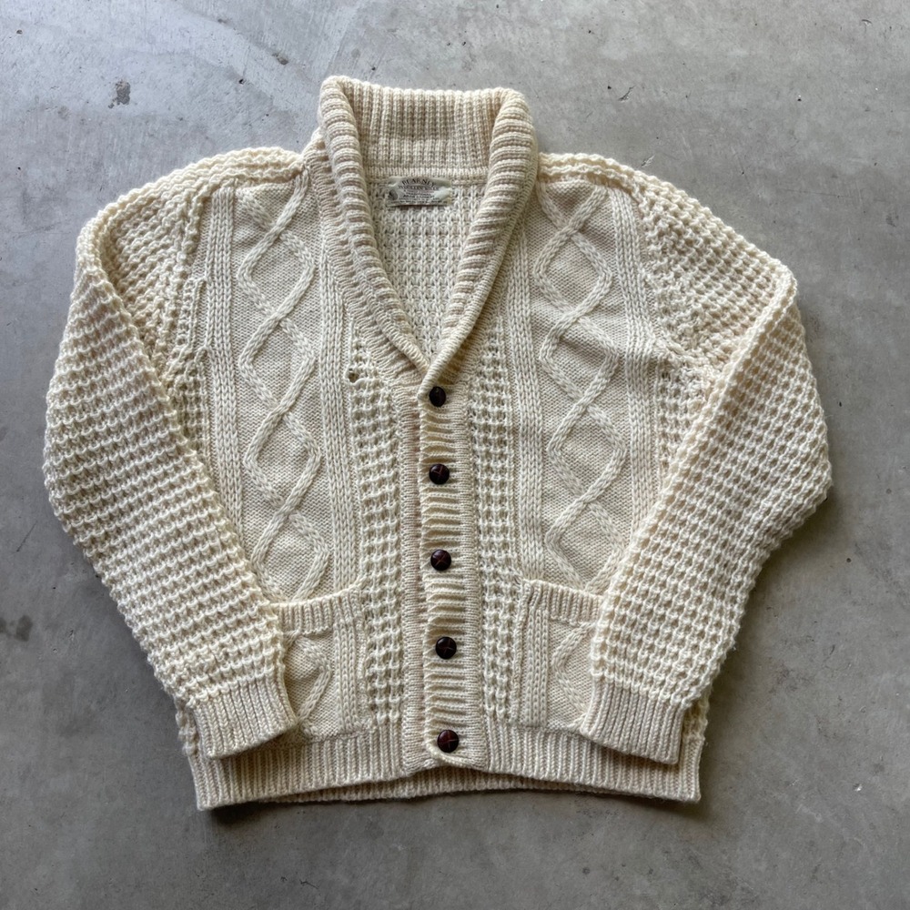 Blarney Woollen Mills Vintage Aran Handloomed Wool Shawl Cardigan Cream Mens L